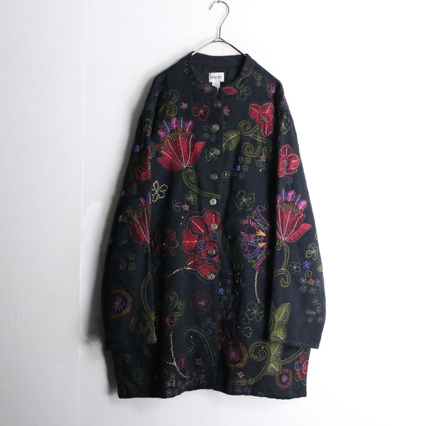 "CHICOS" black flower pattern officer collar cotton shirt jacket