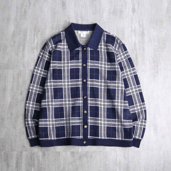 navy × white gingham check polo cardigan