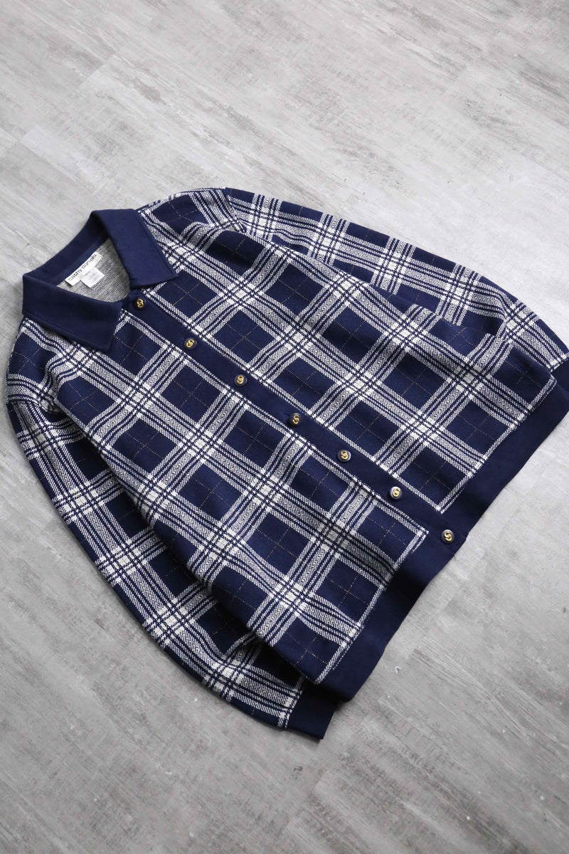 navy × white gingham check polo cardigan