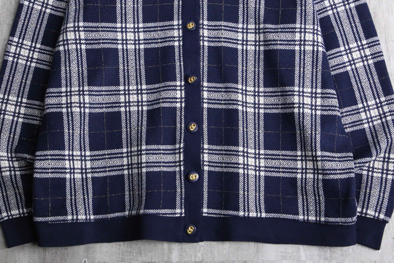 navy × white gingham check polo cardigan
