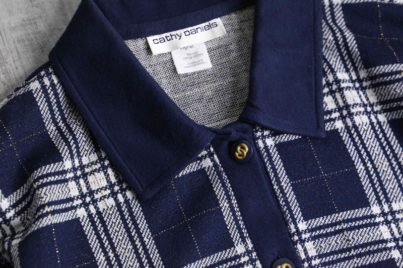 navy × white gingham check polo cardigan