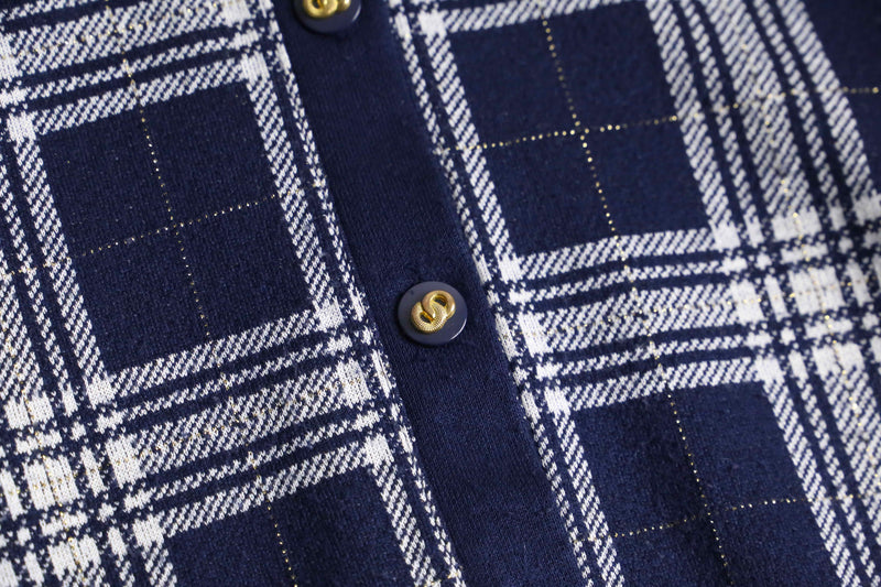 navy × white gingham check polo cardigan
