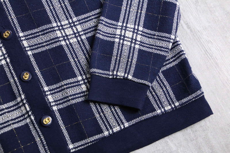 navy × white gingham check polo cardigan