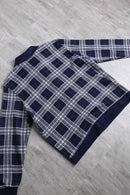 navy × white gingham check polo cardigan