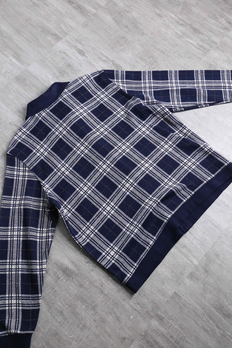 navy × white gingham check polo cardigan