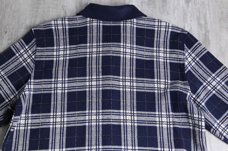 navy × white gingham check polo cardigan