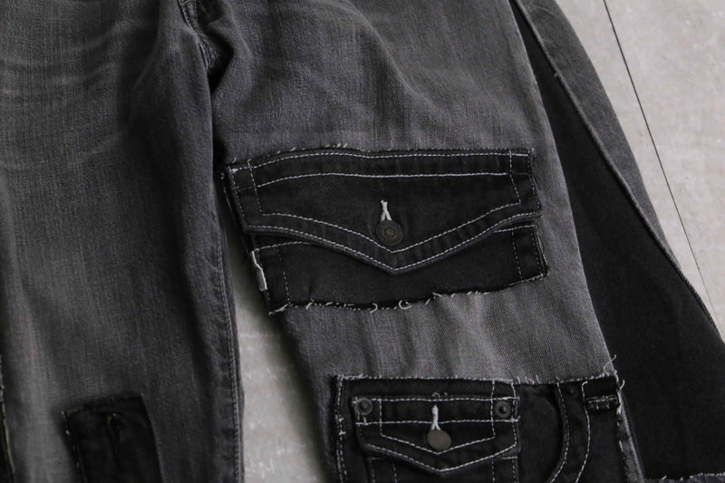 remake "再構築" stitch & patch flare black denim pants