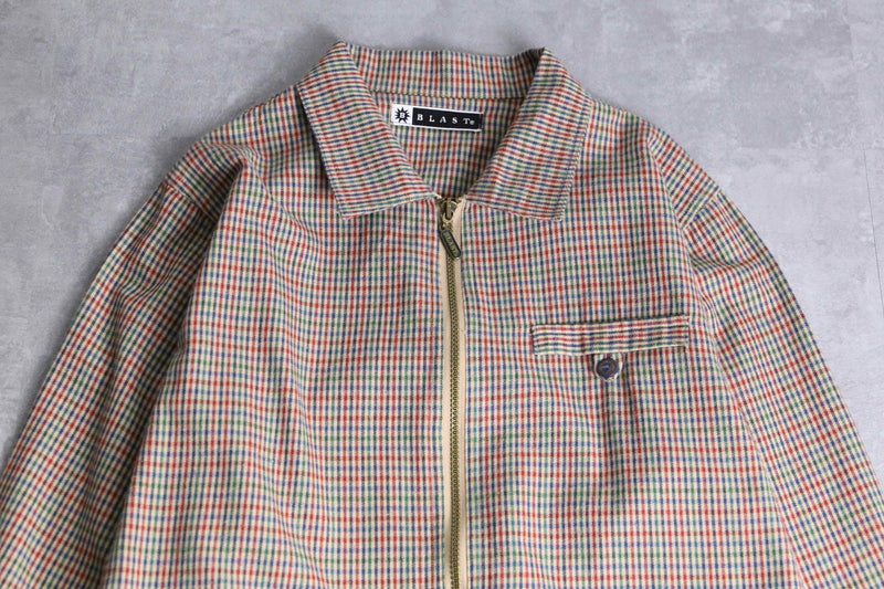 brown color check pattern zip jacket set up