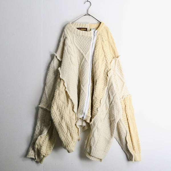 "Re:make" beige tone patchwork fisherman double zip knit