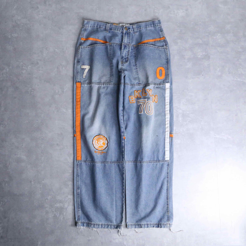 light blue × orange piping design wide denim pants