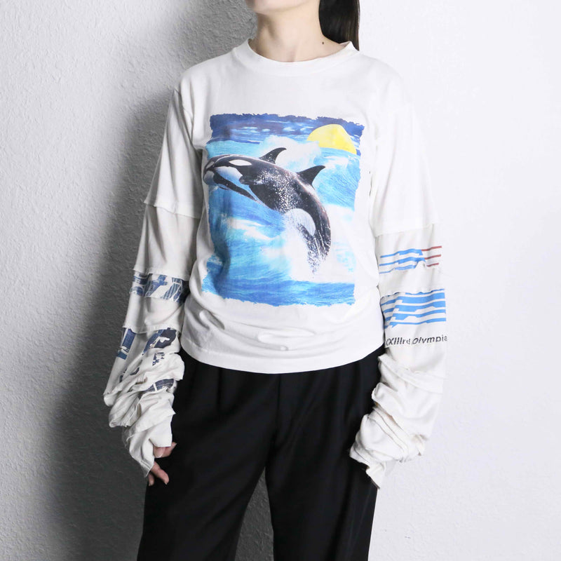 "Re:make" Orcinus orca design layered sleeve white Tee