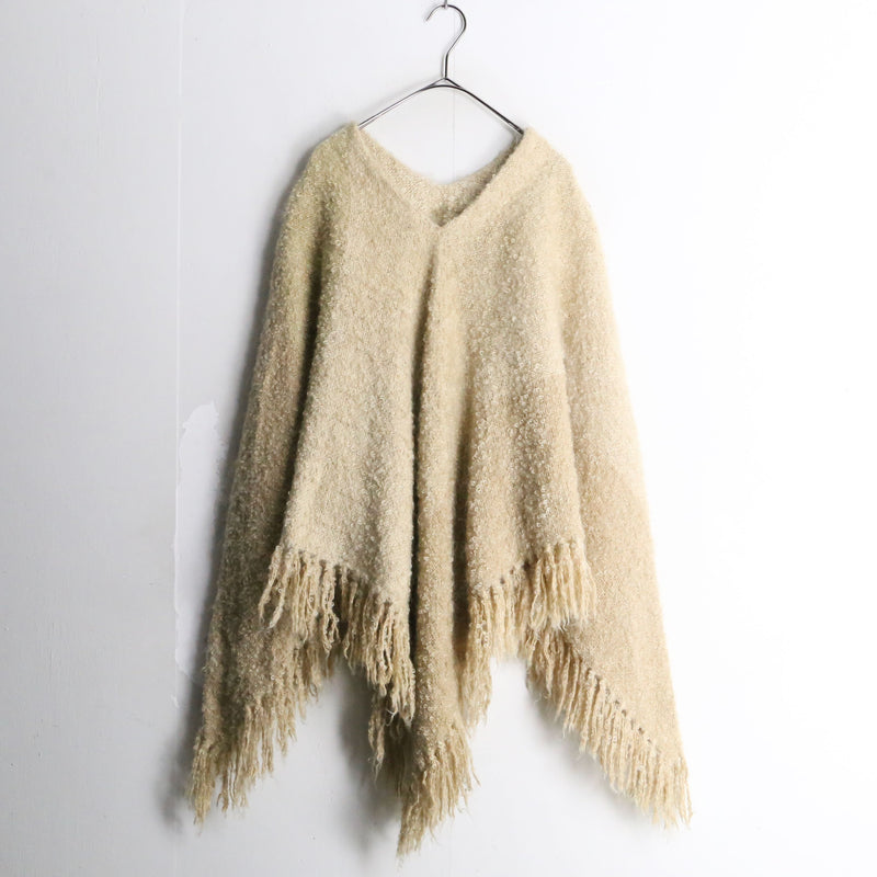 off-white color fringe design V-neck poncho