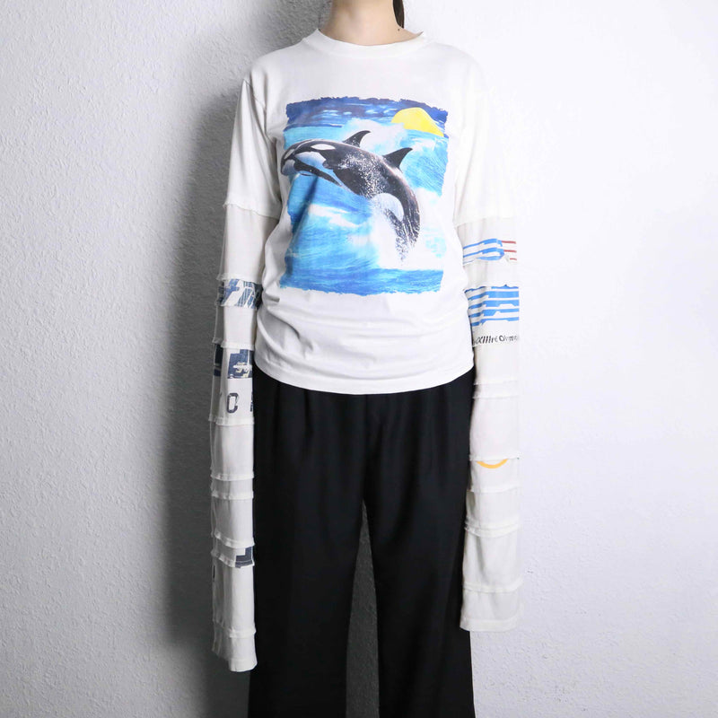 "Re:make" Orcinus orca design layered sleeve white Tee