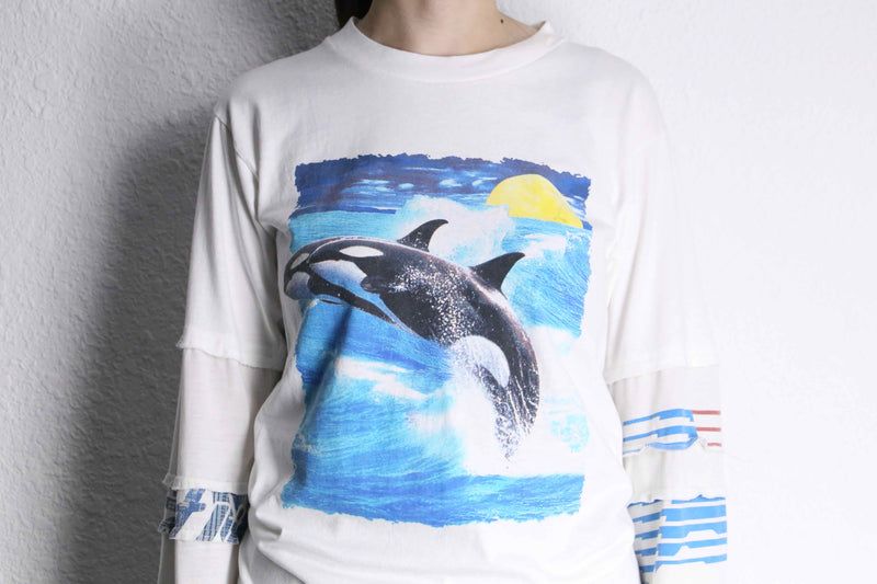 "Re:make" Orcinus orca design layered sleeve white Tee