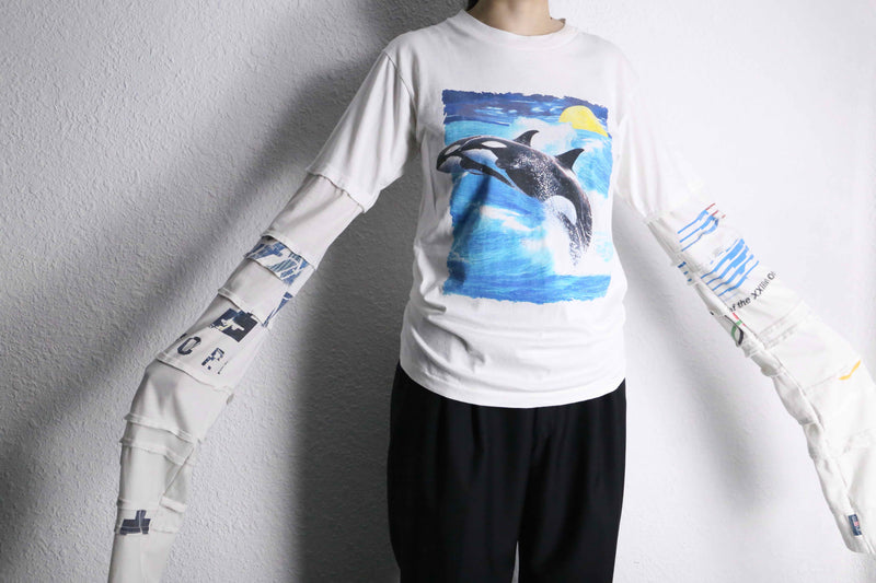 "Re:make" Orcinus orca design layered sleeve white Tee