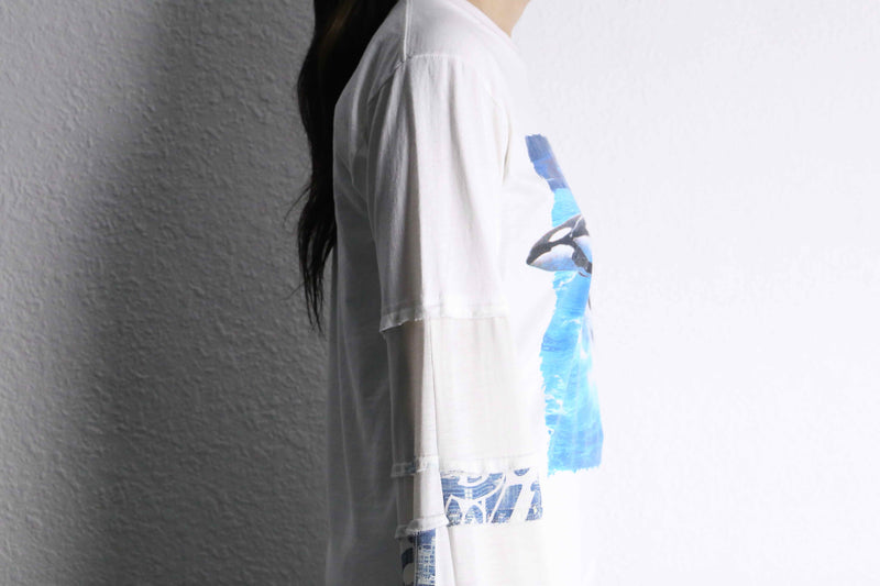 "Re:make" Orcinus orca design layered sleeve white Tee