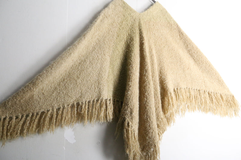 off-white color fringe design V-neck poncho