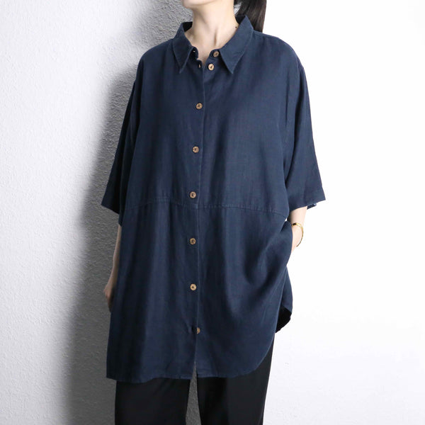 navy color linen big silhouette s/s shirt