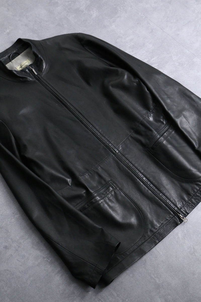 lamb skin black stand collar leather jacket