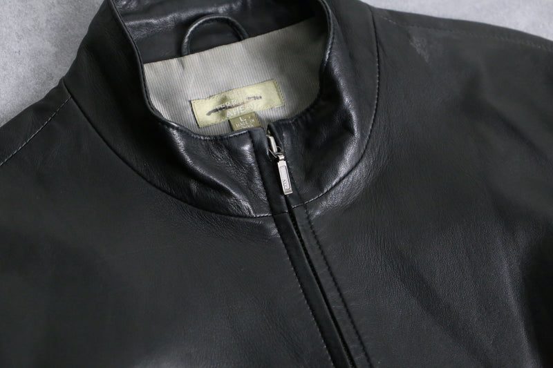 lamb skin black stand collar leather jacket