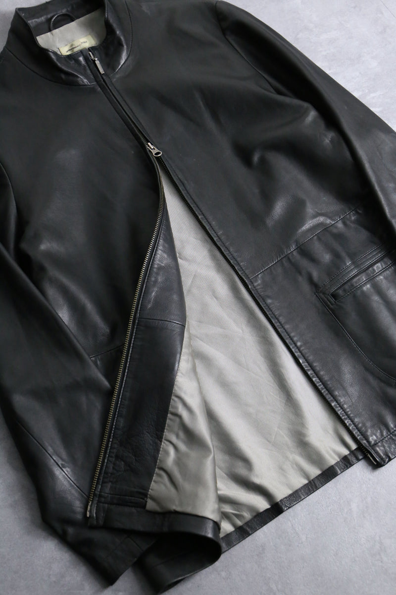 lamb skin black stand collar leather jacket