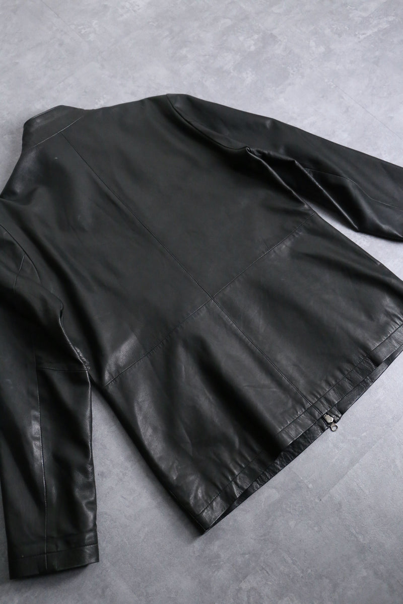 lamb skin black stand collar leather jacket