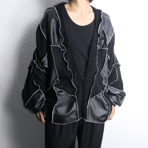 "Re:make" leather×mohair patchwork dolman cardigan