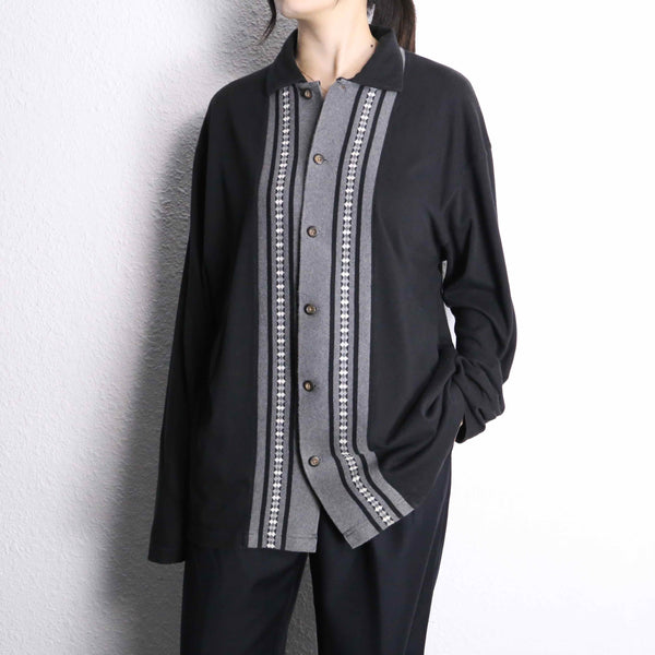 black knit switch design cotton L/S shirt