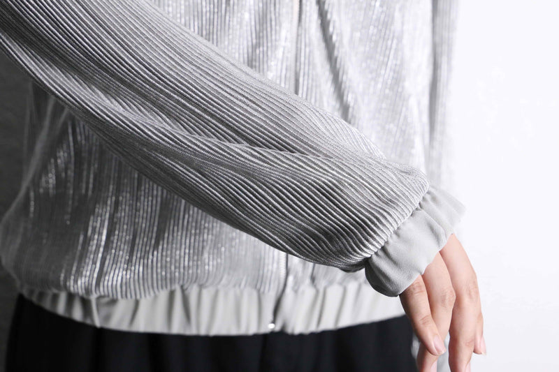 gray lame pleats pattern zip blouson