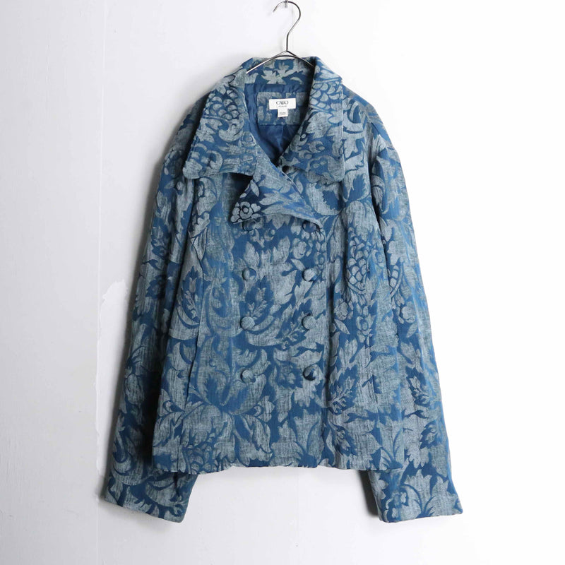 turquoise damask pattern gobelin short pea coat