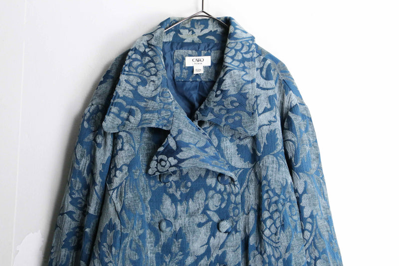 turquoise damask pattern gobelin short pea coat