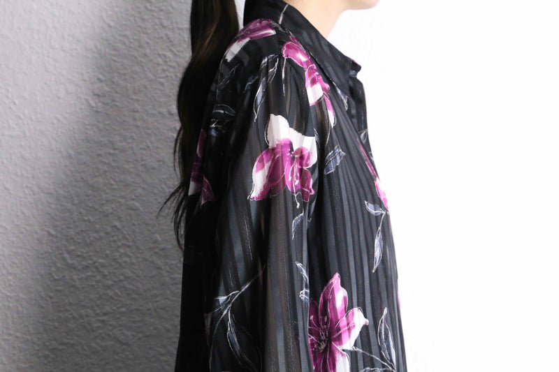 lamé stripe flower design sheer shirt
