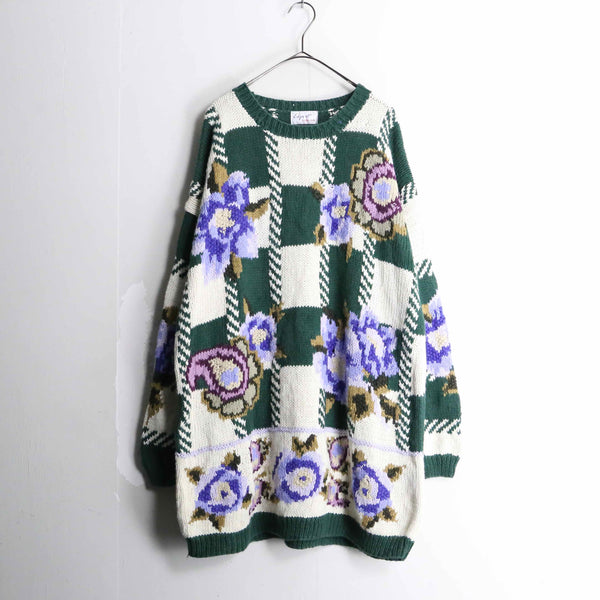 green × white check flower pattern knit