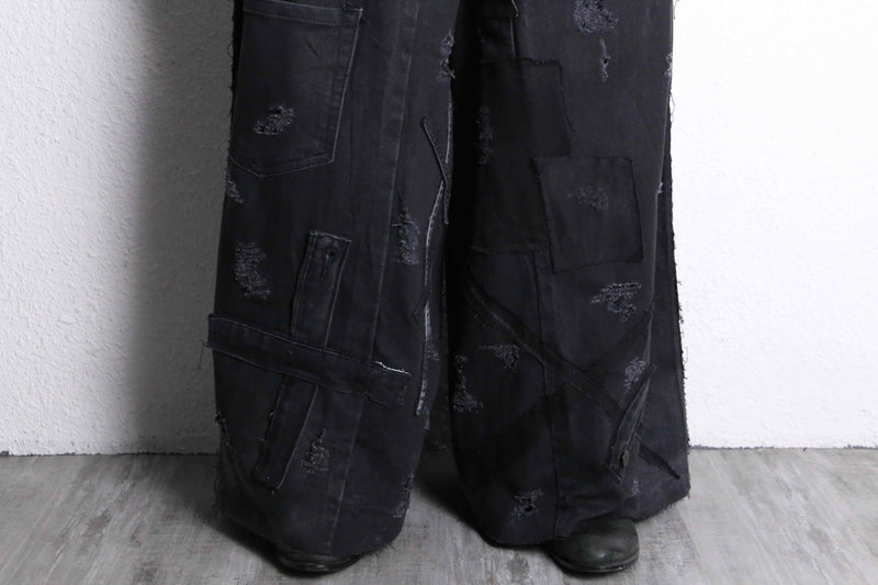 "Re:make" damage&patch extra buggy black denim