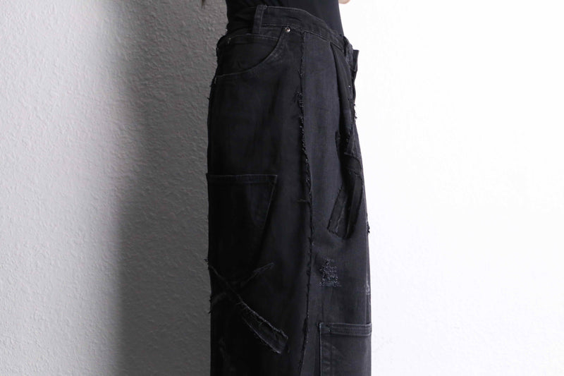"Re:make" damage&patch extra buggy black denim