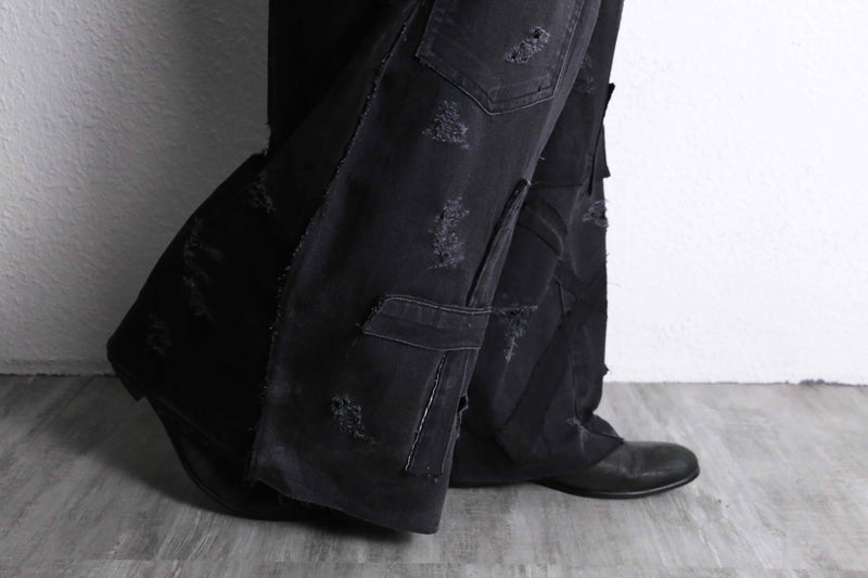 "Re:make" damage&patch extra buggy black denim