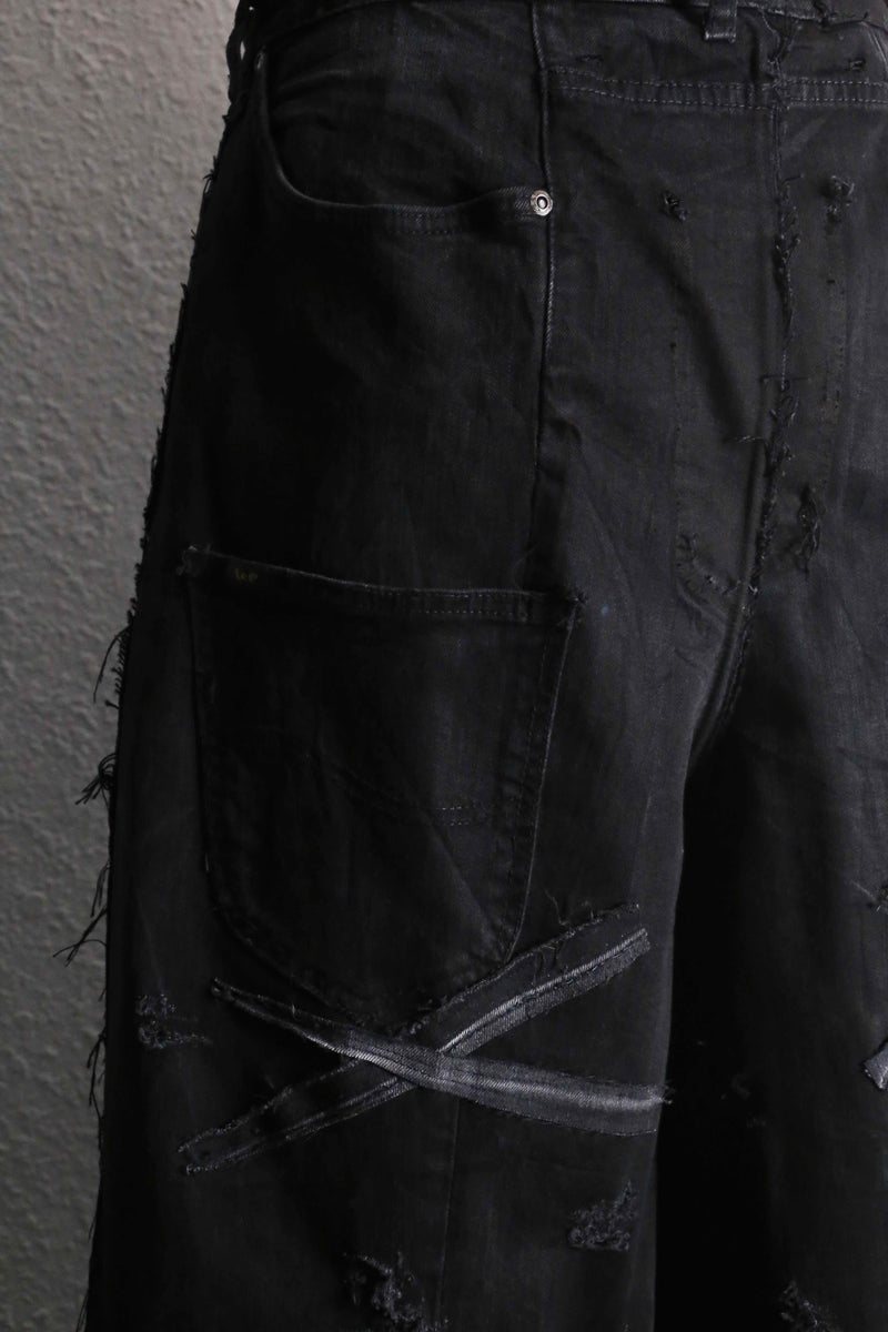 "Re:make" damage&patch extra buggy black denim