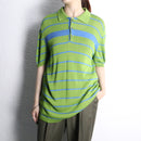 light green horizontal stripe knit polo shirt
