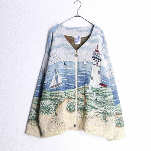 “Coast Lighthouse” pattern gobelin zip jacket