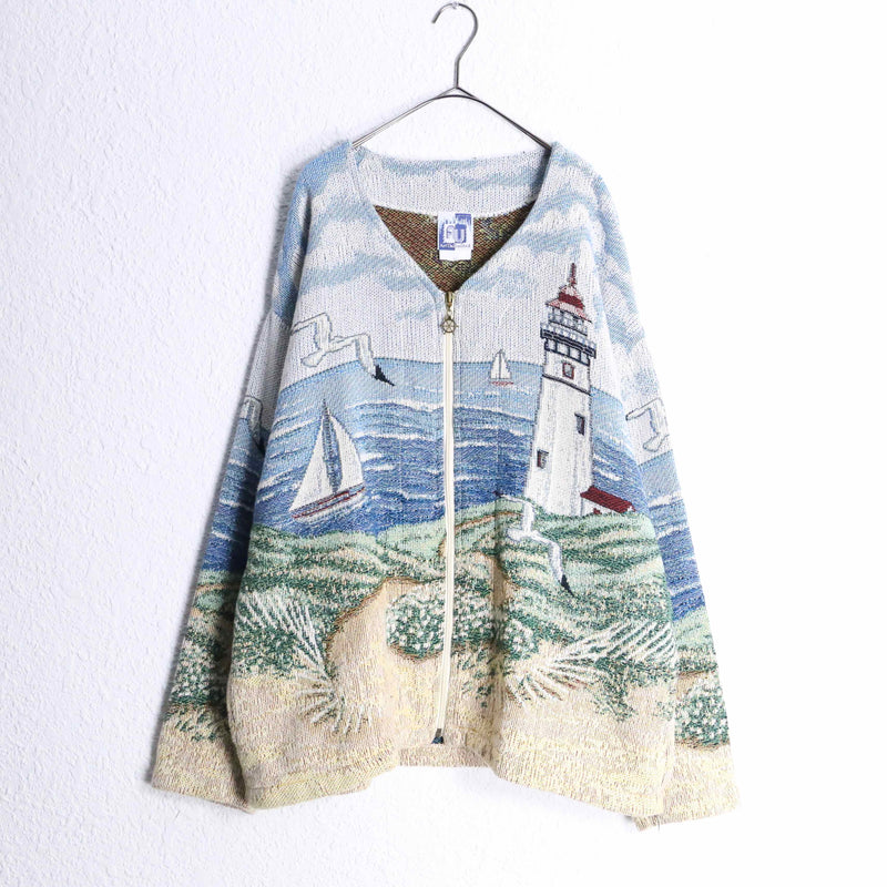 “Coast Lighthouse” pattern gobelin zip jacket