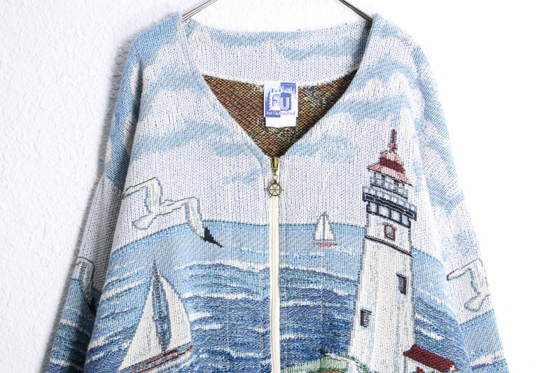 “Coast Lighthouse” pattern gobelin zip jacket