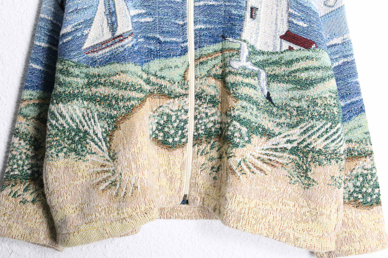 “Coast Lighthouse” pattern gobelin zip jacket