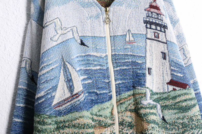 “Coast Lighthouse” pattern gobelin zip jacket