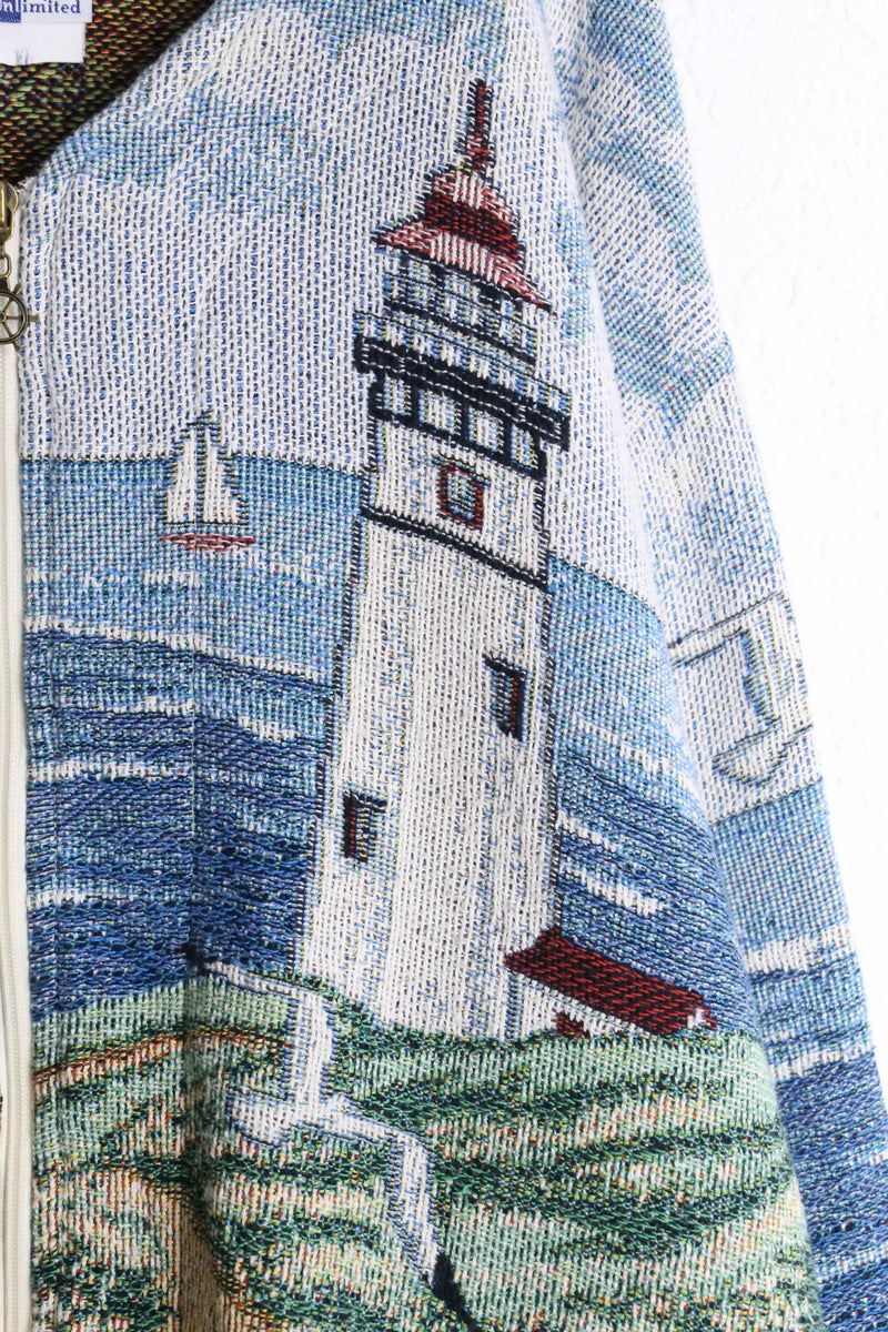 “Coast Lighthouse” pattern gobelin zip jacket