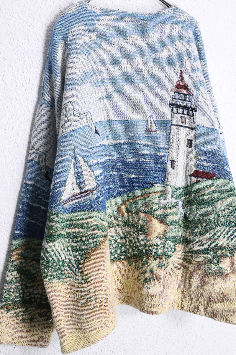 “Coast Lighthouse” pattern gobelin zip jacket