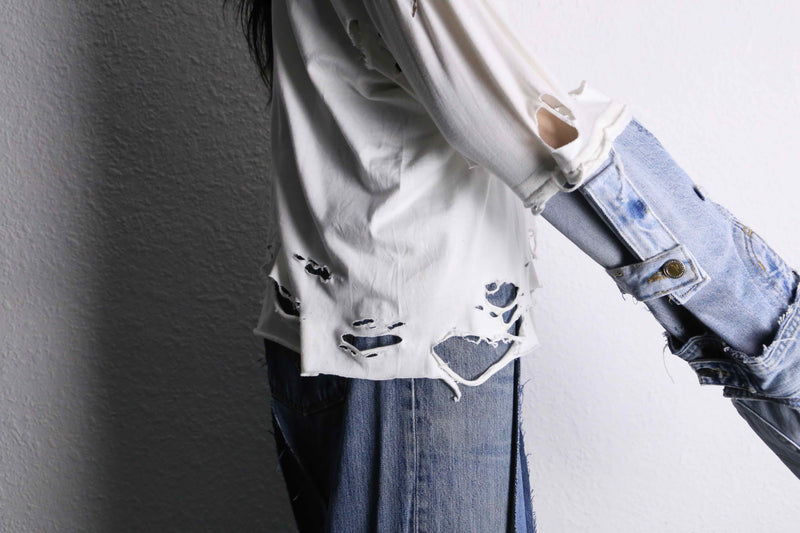 “Re:make” denim arm destroy long tee
