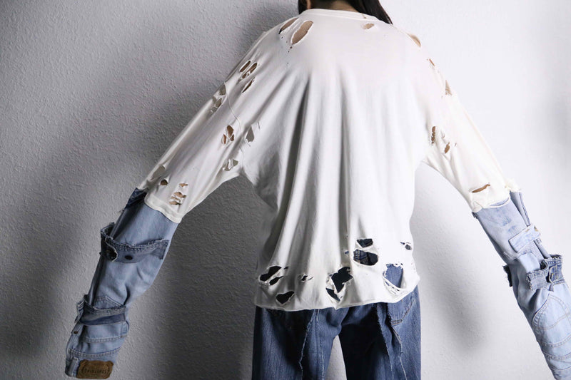 “Re:make” denim arm destroy long tee