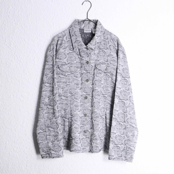 "CHICO'S" silver rose bouquet jacquard tracker jacket