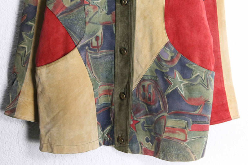 patchwork suede leather middle jacket coat