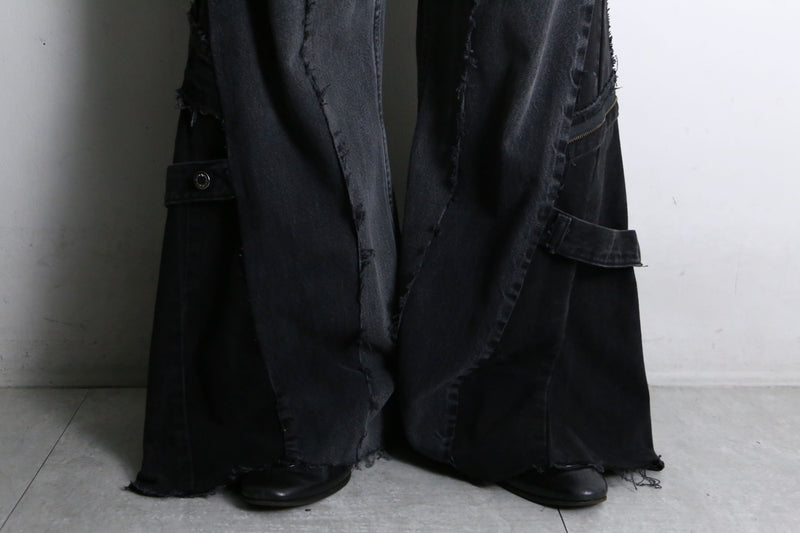 remake "再構築" black belt loop design flare denim pants